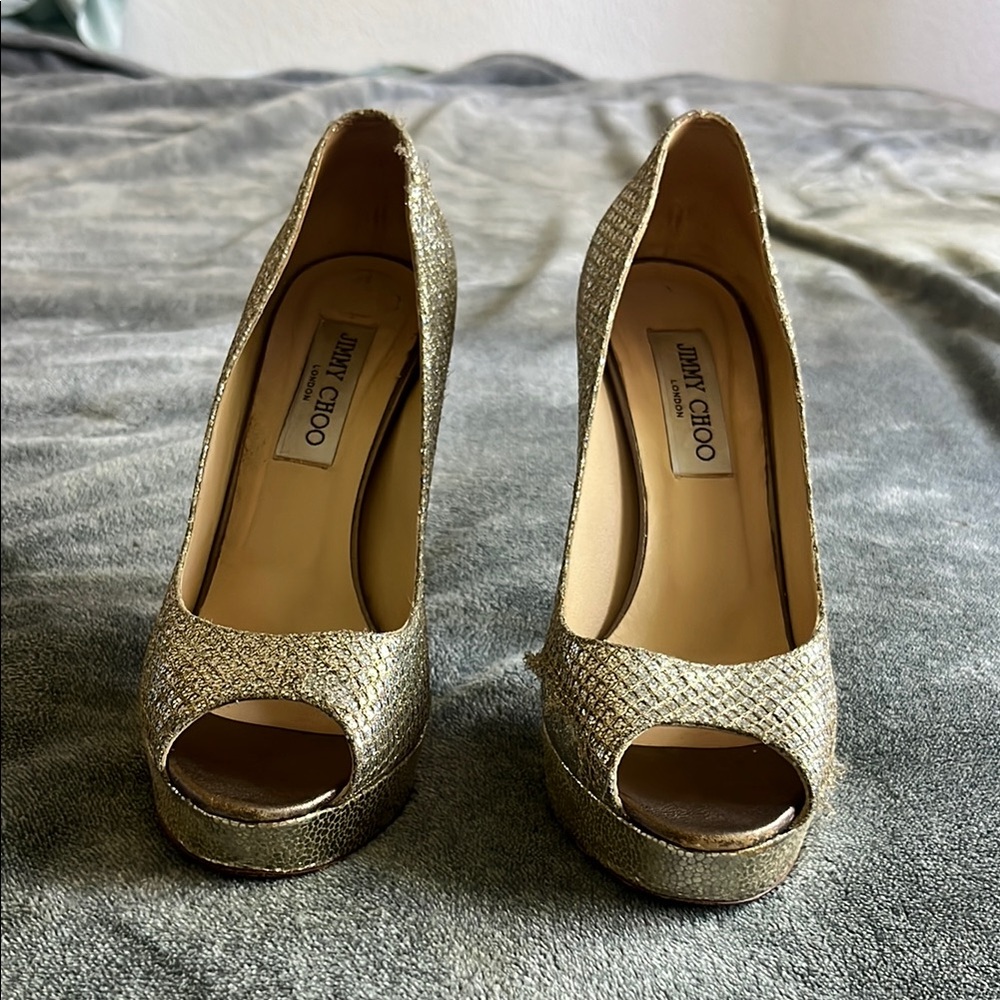 Jimmy Choo Gold Peep Toe Heels